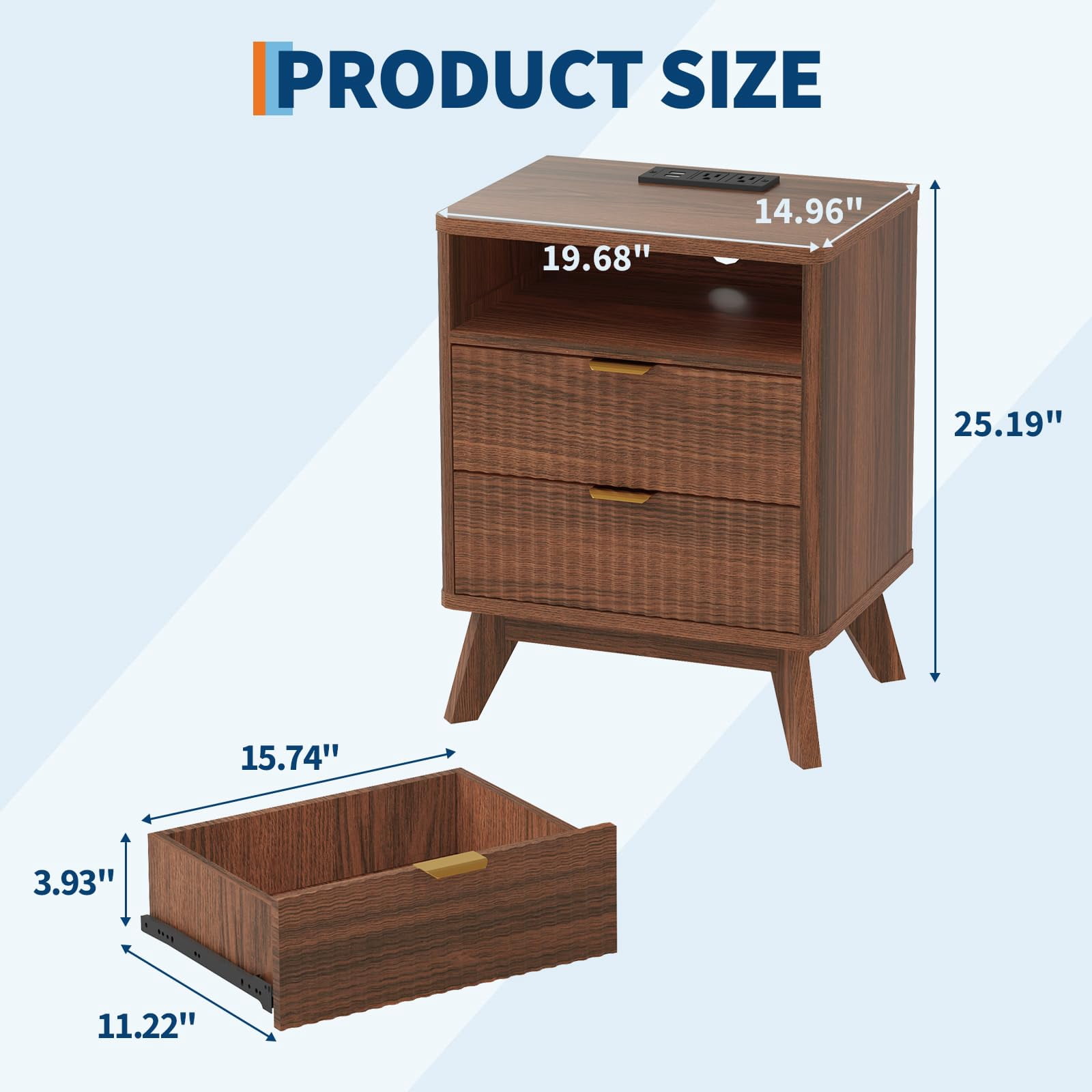 KOKEBREN Modern Nightstand with USB Charging Station - Wood Fluted Bedside Table with 2 Drawers & Open Shelf,Walnut Wood Color