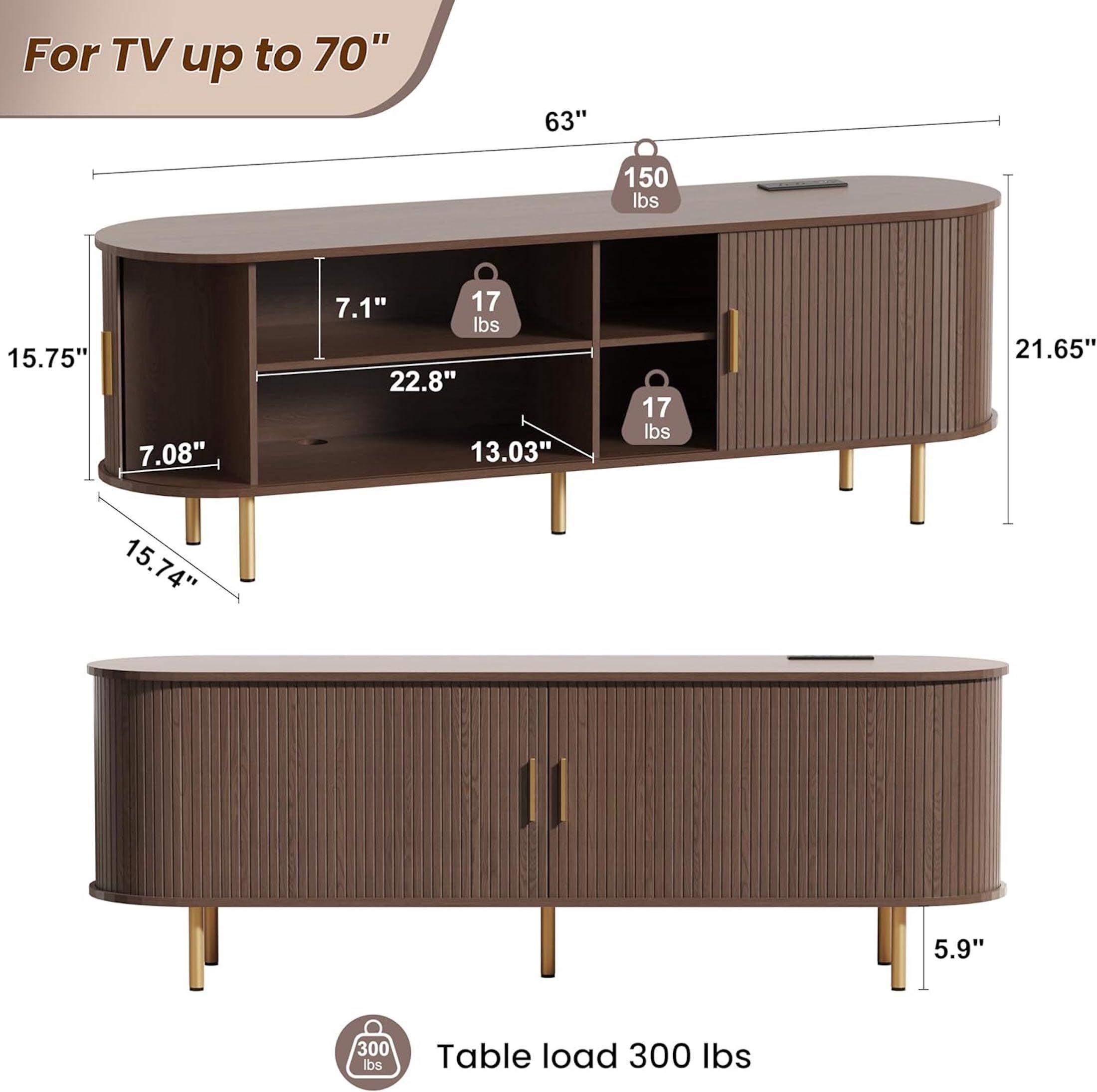 AISWORD 63 Inch TV Stand with Power Outlet for TVs up to 70 Inch, Entertainment Center with Storage and Adjustable Shelves, Media Console with Sliding Doors for Living Room, Brown