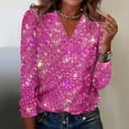 thumbnail image 3 of Sequin Holiday Tops for Women Party Night V Neck Sparkly Long Sleeve Top Glitter New Years Eve Tops Hot Pink L, 3 of 7