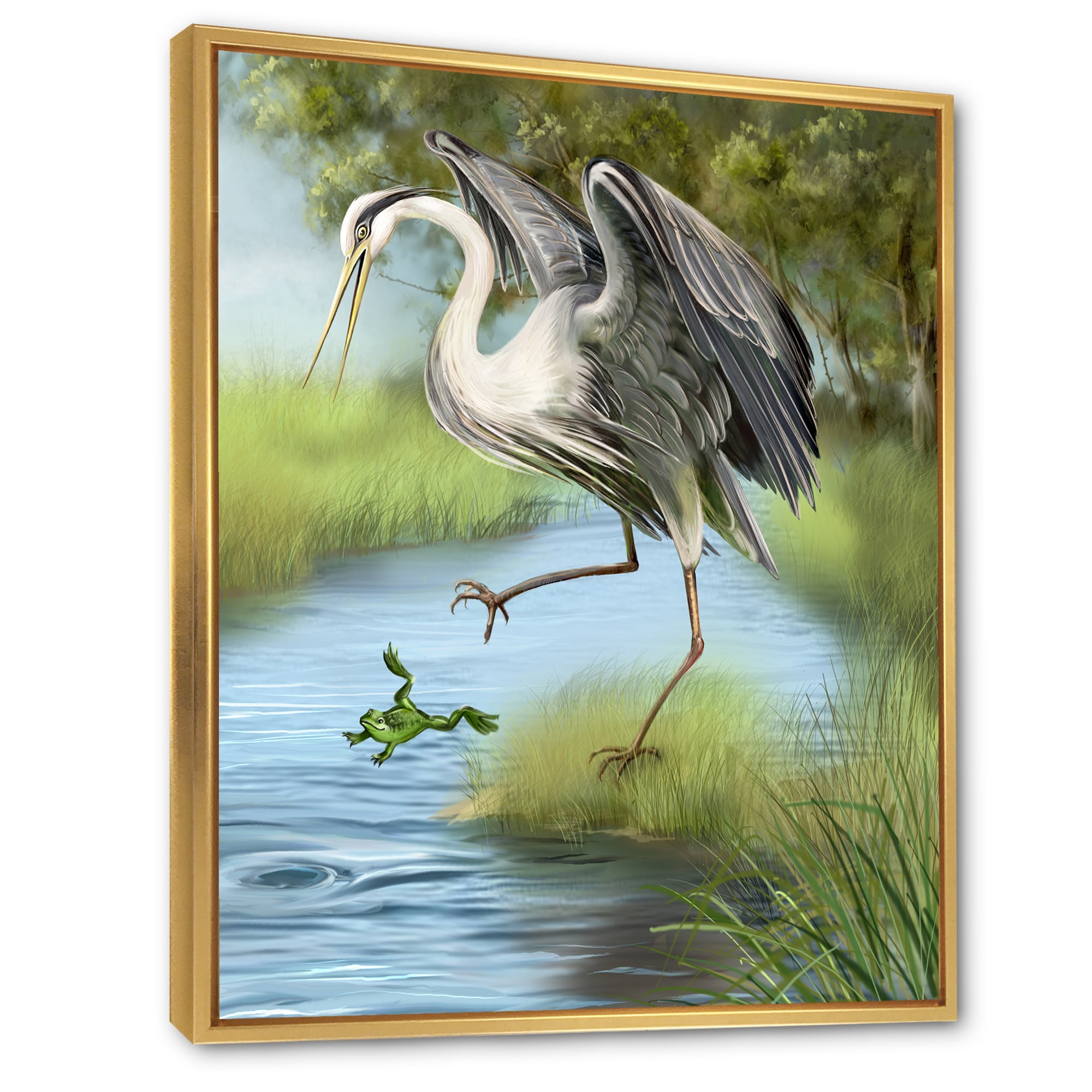 Designart 'Crane Hunting A Frog' Farmhouse Framed Canvas Wall Art Print