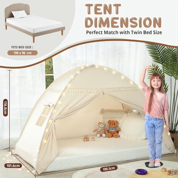 SweHouse Toddler Bed Canopy Lights & Flags  Sleeping Playhouse Tent, Portable Indoor Privacy Play Space. Foldable Drafty Room Play Tent for Boys & Girls, Kids Birthday Gifts (Golden Beige)