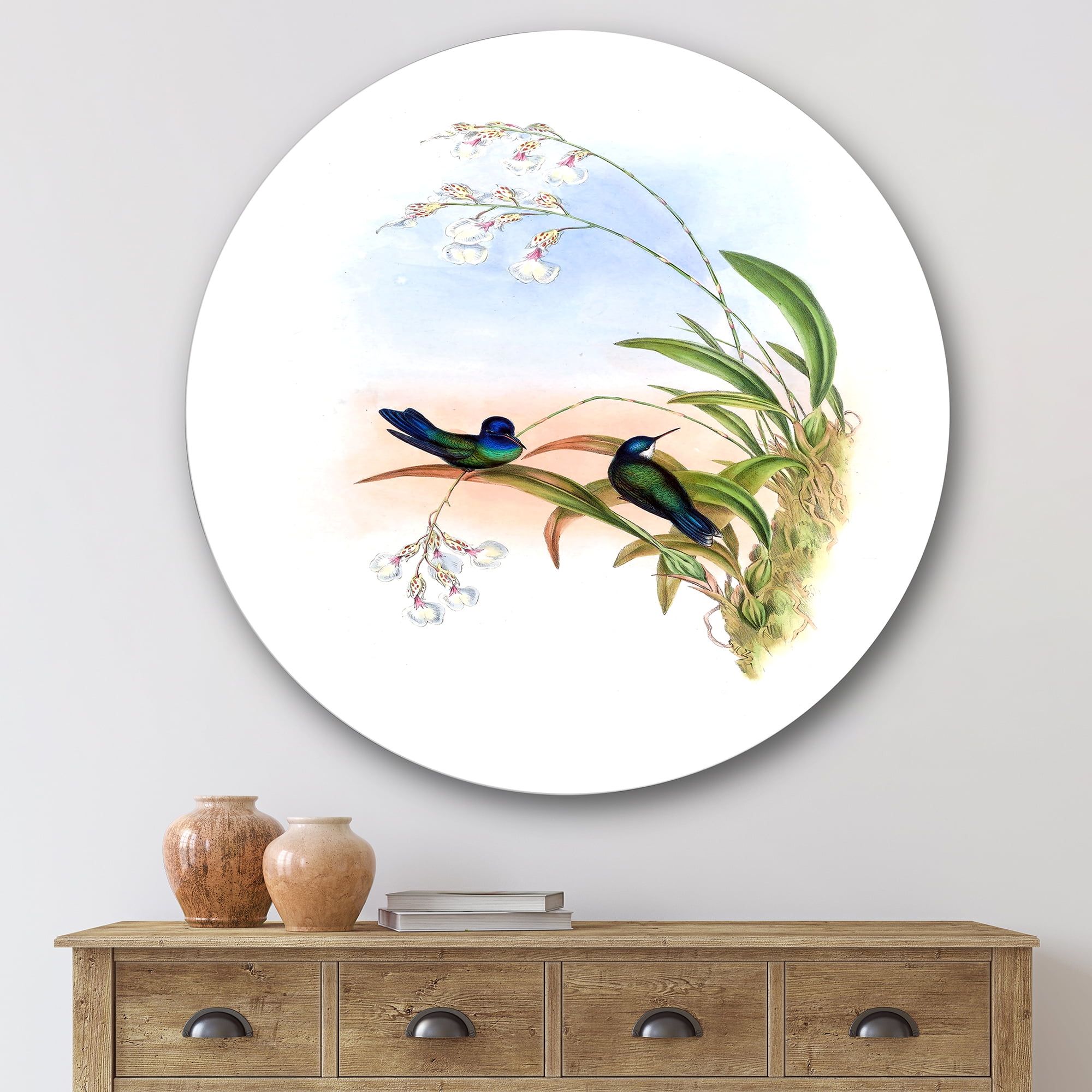 Designart 'Ancient Hummingbird III' Traditional Circle Metal Wall Art 29x29 - Disc of 29