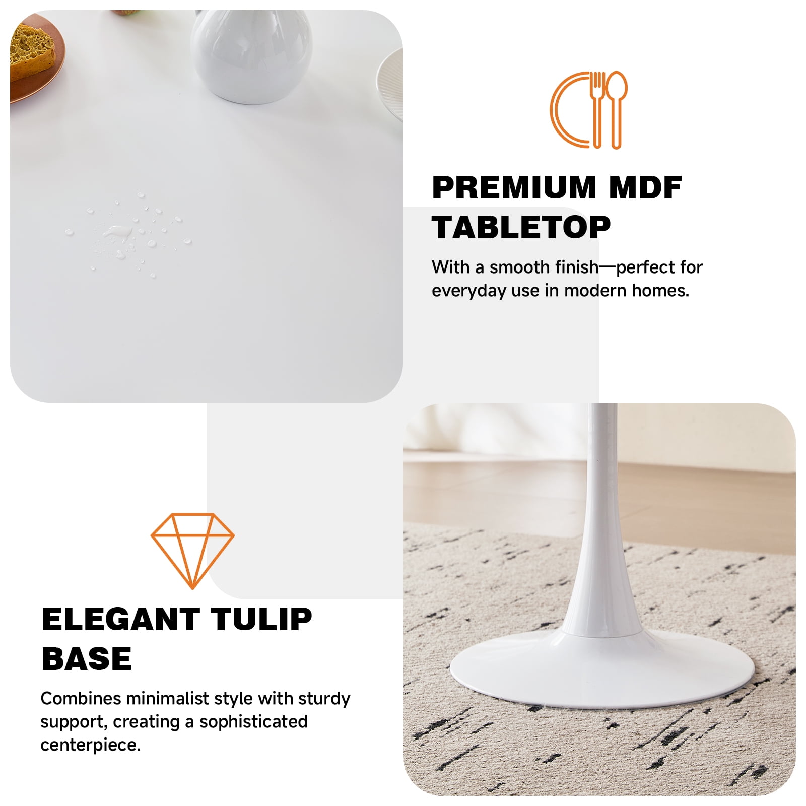 23.6" Small Round Dining Table [Metal Tulip Pedestal Base] White Modern Kitchen Table for Dining Living Room Apartment Small Space
