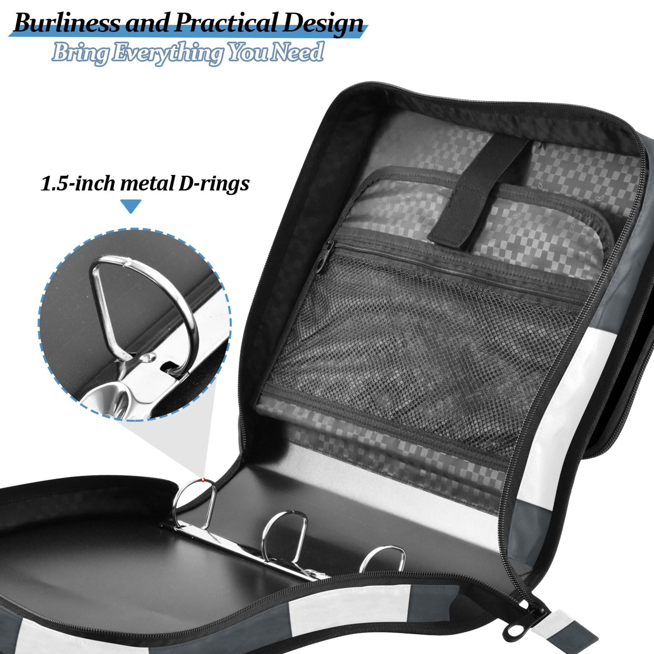 3 Ring Zipper Binder with Shoulder Strap Waterproof Trapper Keeper 2 Inch D-Ring 500 Sheets Capacity Dark Gray and White Striped