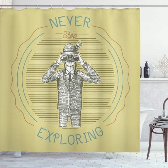 Explore Shower Curtain, Sketch Man in a Suit Looking Through Binoculars Never Stop Exploring Ornithology, Fabric Bathroom Set with Hooks, 69W X 84L Inches Extra Long, Multicolor, by Ambesonne