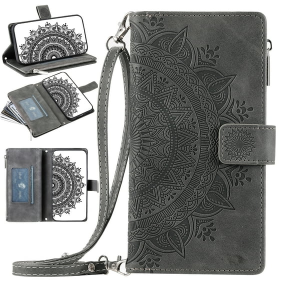 Nalacover for iPhone 8 Plus/7 Plus Embossed Floral Pattern PU Leather Crossbody Case with Shoulder Strap,Shockproof Magnetic Flip Kickstand Credit Card Slots Zipper Pocket Wallet Phone Case,Gray