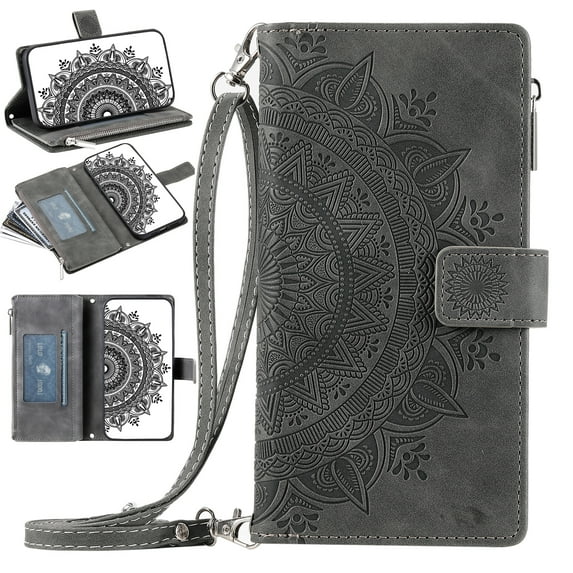 Nalacover for iPhone 7/8/SE 2020/SE 2022 Embossed Floral Pattern PU Leather Crossbody Case with Shoulder Strap,Shockproof Magnetic Flip Stand Credit Card Slots Zipper Pocket Wallet Phone Case,Gray