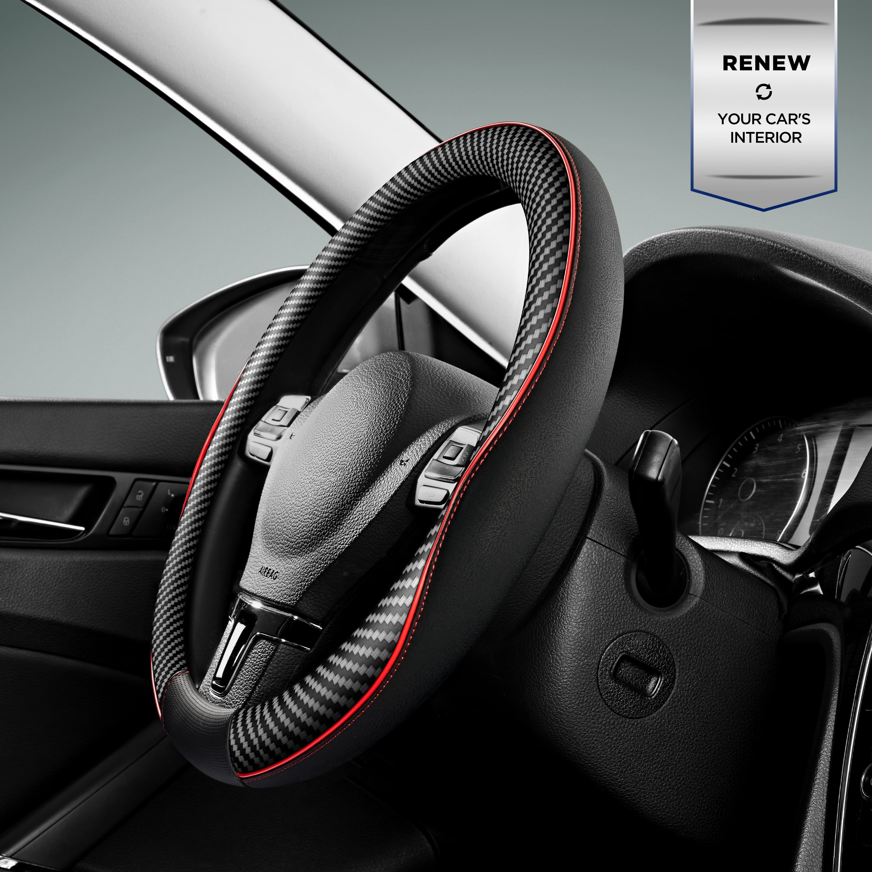 Auto Drive Car Steering Wheel Cover - Leather Material, Black Color-Universal Fit for  15'' - 24WM16