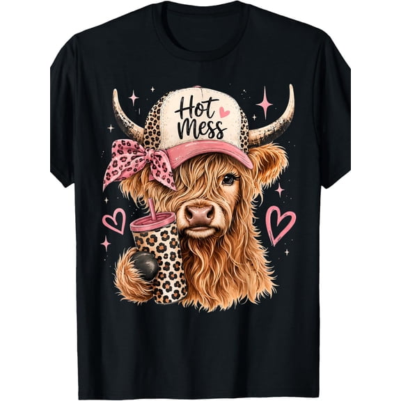 Hot Mess Highland Cow Graphic Short Sleeve T-Shirt, Unisex Cotton Crew Neck Tee, Cute Leopard Print Cow Coffee Lover Design, Casual Novelty Gift For Men And Women