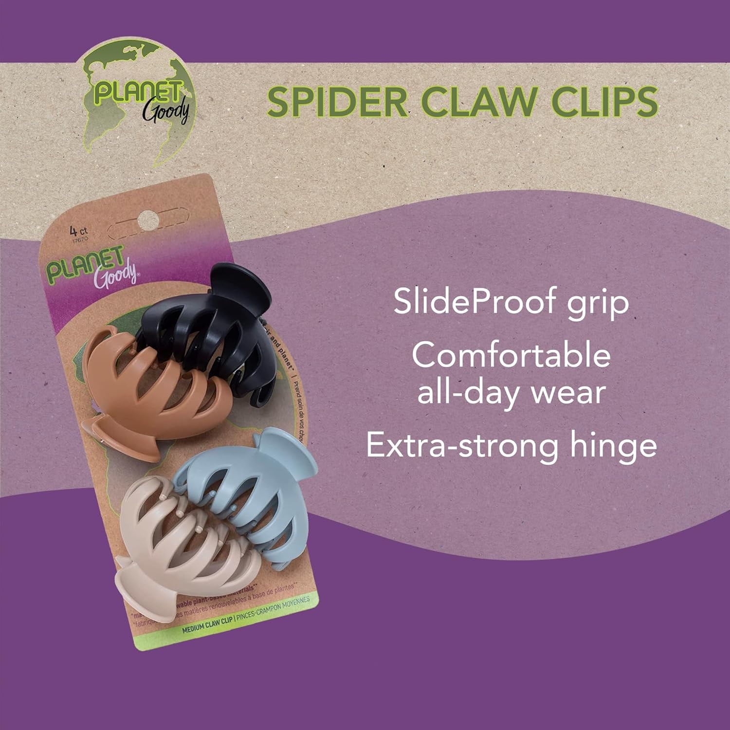 Planet Goody Sustainable Spider Claw Hair Clips, 4 Count