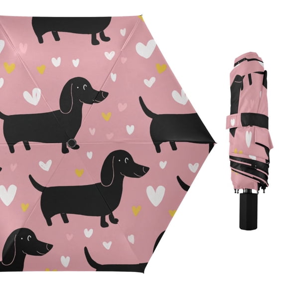 Valentine Dachshund Dogs Cute Hearts All Weather Umbrella Triple Folding Parasol 6 Ribs UV Protection Portable