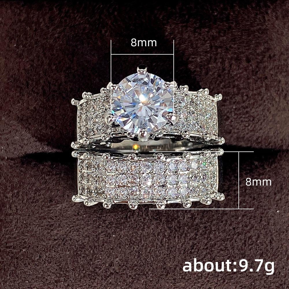 VOLALO 2pcs His and Hers Wedding Ring Sets Couples Engagement Rings Women and Men 925 Sterling Silver AAA Cubic Zirconia Shining Double Layer Platinum Plated