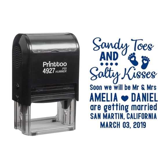 Printtoo Personalized Blue Self Inking Sandy Toes And Salty Kisses Stamp Custom Wedding Favor Rubber Stamper -60 x 40 mm