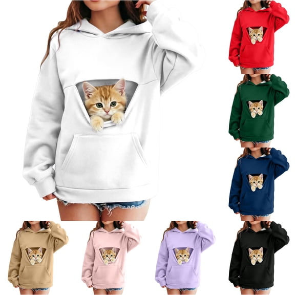 Afdoent Hoodies for Girls Cat Pouch Hoodie with Pockets Pet Carrier Pullover Animal Holder Long Sleeve Tops Fall Winter 7-8 Years
