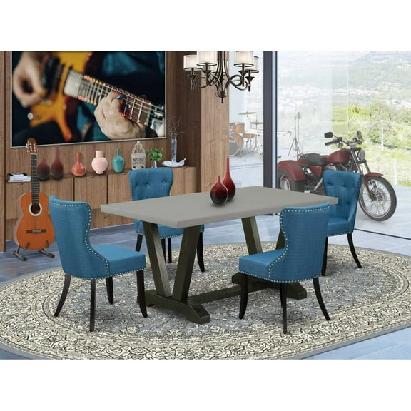 East West Furniture V696SI121-5 5-Piece Dining Table Set- 4 Upholstered Dining Chairs with Blue Linen Fabric Seat and Button Tufted Chair Back - Rectangular Table Top & Wooden Legs - Cement and Black