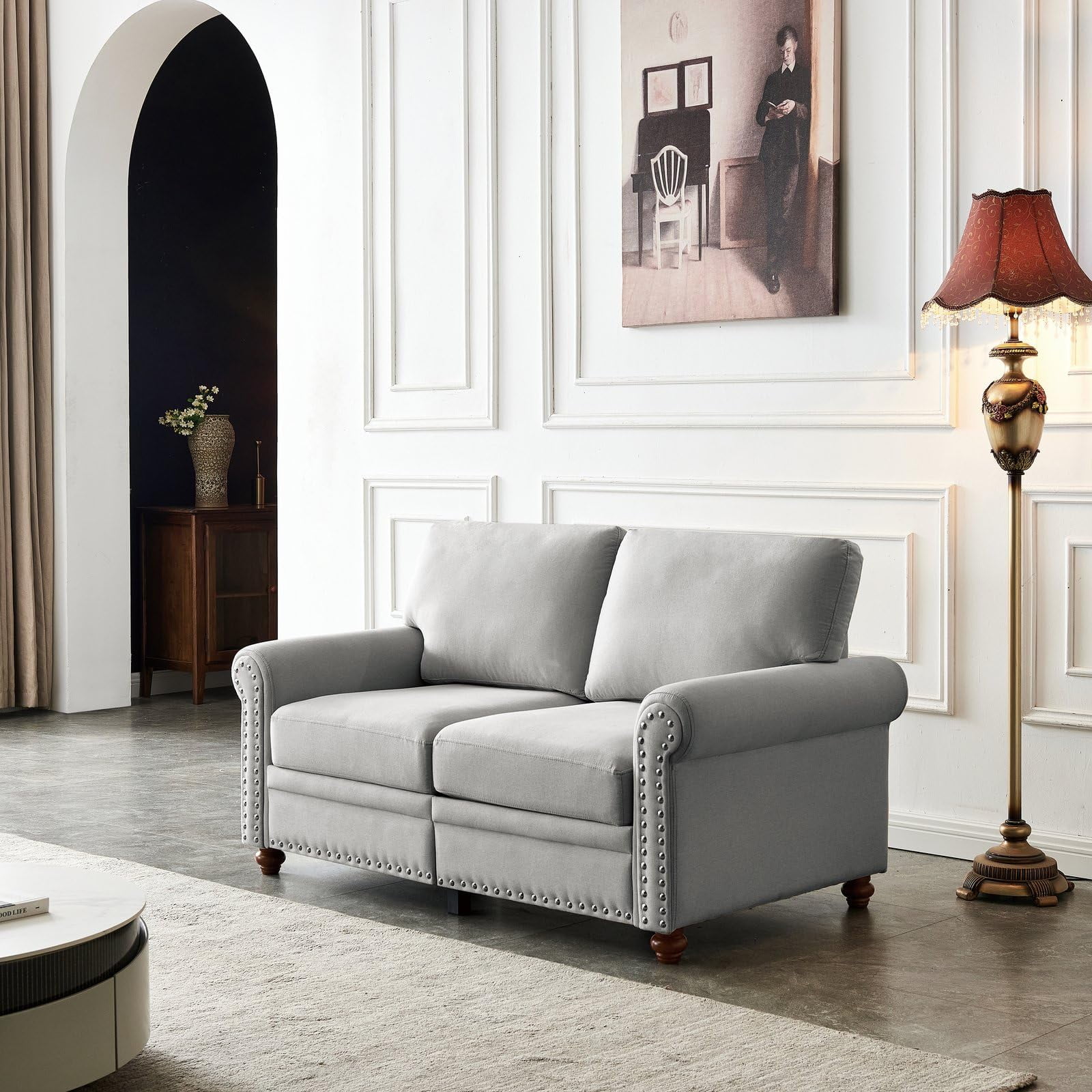 Grey Fabric Loveseat Sofa with Storage - Modern Round Arm Upholstered 2-Seater, 100% Polyester, Sturdy Solid Wood Frame, 600lbs Capacity