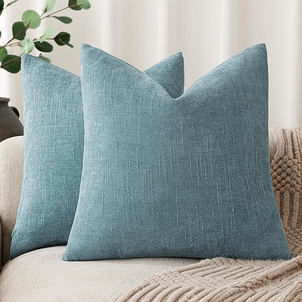 wonima44 Foindtower Pack of 2 Textured Chenille Throw Decorative Pillow Covers Square Accent Solid Cushion Cover Neutral Farmhouse Pillow Case for Couch Sofa Bedroom Living Room 22x22 Inch,Light Blue
