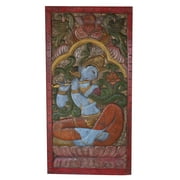 Mogul Welcome Door Panel Antique Krishna Fluting Under Kadambari Wish Tree Wall Sculpture