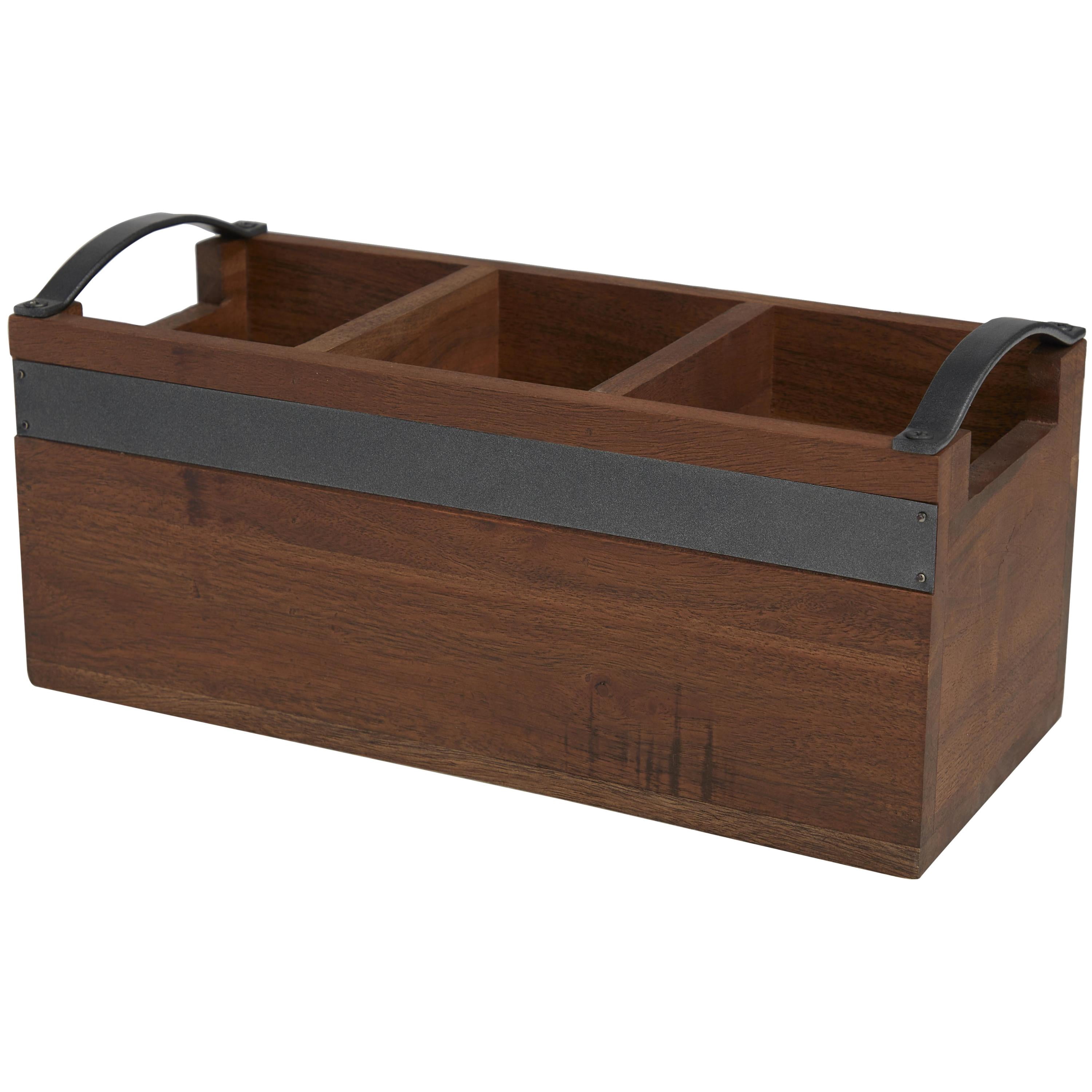 DecMode 12" x 5" Brown Wood 3 Section Tray with Black Metal Handles, 1-Piece