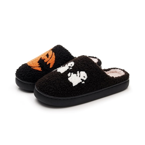 Willtoo Halloween Pumpkin Ghost Slippers for Women Men Fuzzy Faux Fur Memory Foam House Slippers Cozy Warm Non-Slip Bedroom Shoes