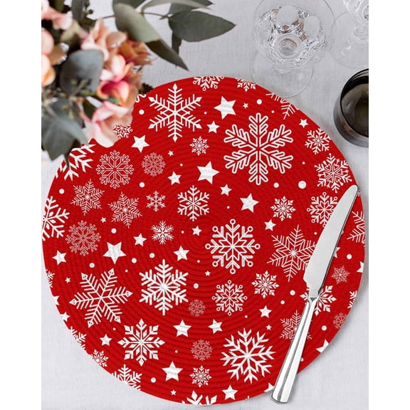 15 Inch Round Placemats Set of 4, Christmas Snowflakes Non Slip Heat Insulation PP Table Mats, Winter Xmas Red White Washable Place Mats for Kitchen Dining Party Table Decor