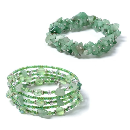 Shop LC Delivering Joy Green Aventurine Cubic Zirconia CZ Silvertone Wrap Beaded Bracelet for Women Costume Jewelry (Stretchable)