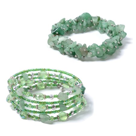 Green Agate Bead Bracelet - Green Aventurine Cubic Zircon Silvertone Wrap Beaded Bracelet for Women Gift Jewelry (Stretchable)
