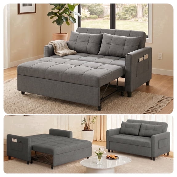 Asofer Sleeper Sofa Bed, Modern Pull Out Couch, 3 in 1 Convertible Loveseat Couch with Pockets for Apartment Office, Dark Gray