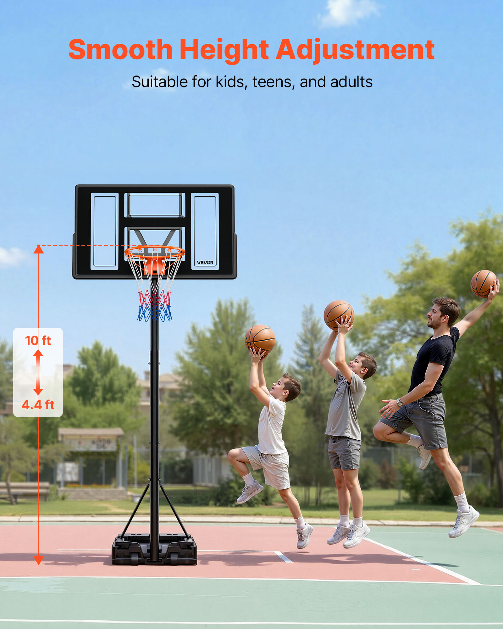 VEVOR Portable Basketball Stand, 4.4 ft to 10 ft Height Adjustment Basketball Hoop & Goal, Adjustable Basketballs Goal System with Built-in Rolling Wheels for Kids, Teens, Adults in Driveways, Pools