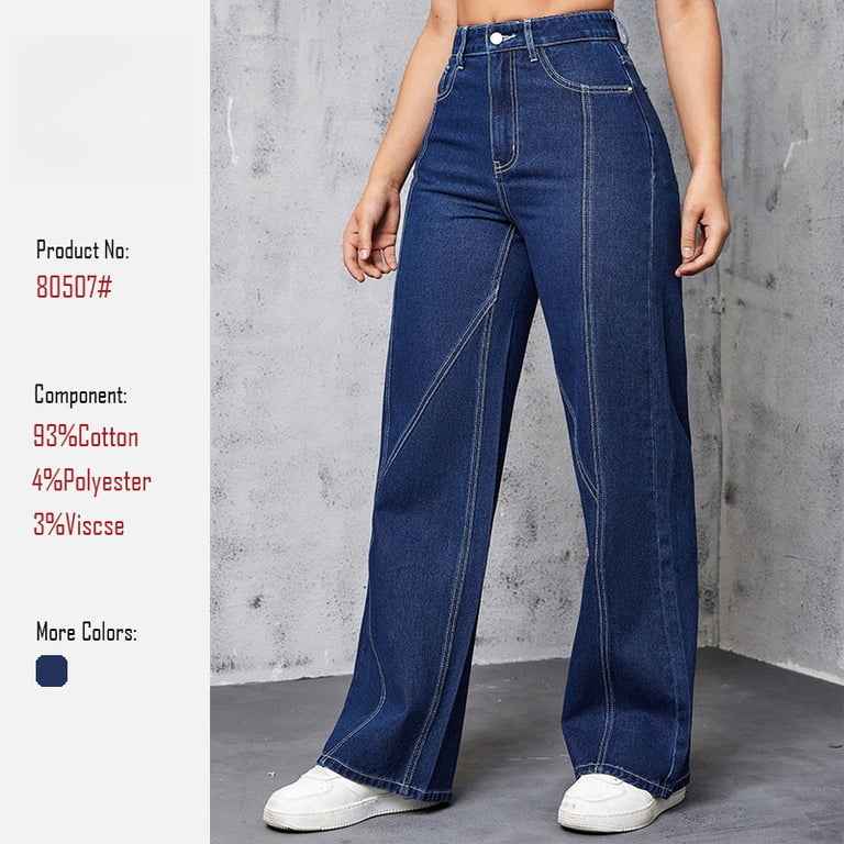 2026 New Women's High Waist Dark Blue Wide Leg Jeans, Contrast Stitch ...