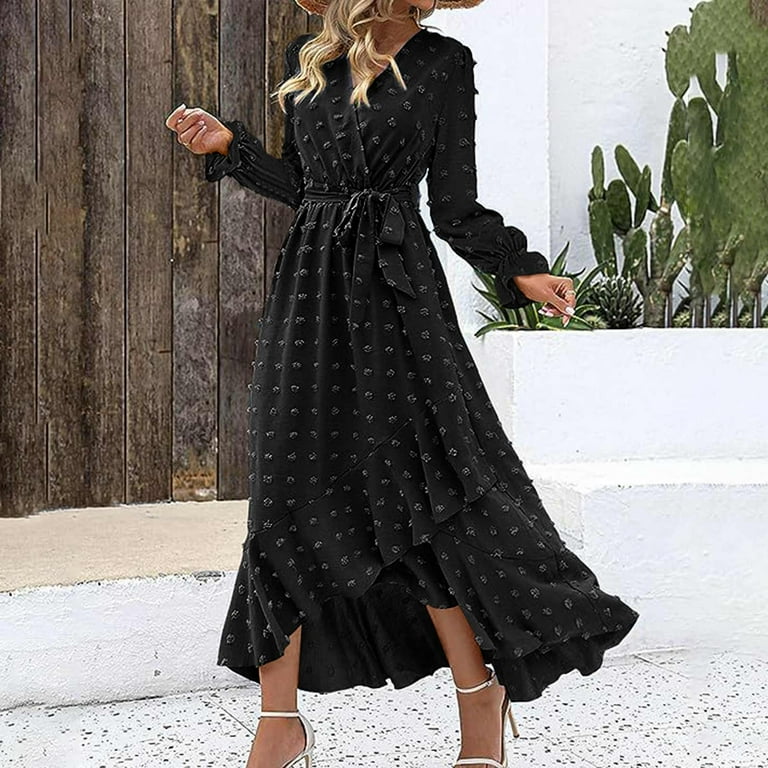 Taqqpue Women's Long Sleeve V Neck Maxi Dress Casual Swiss Dots