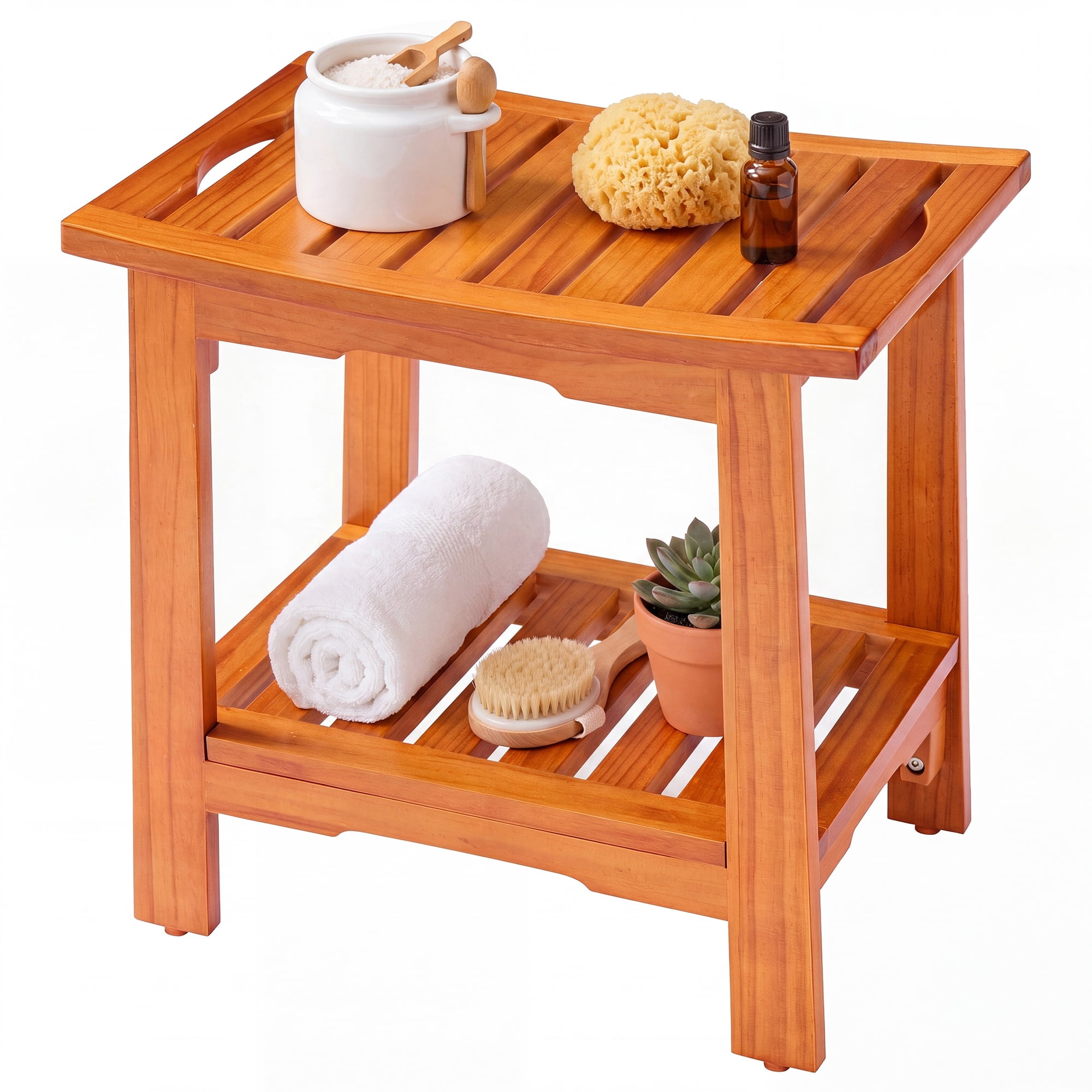 SHOUFTW 18 inch Teak Shower Bench, Spa Bath Stool with Adjustable Non-Slip Seat, Wooden Shower Chair for Seniors, Bathroom, Tub & Outdoor Use