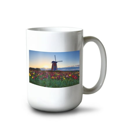 

15 fl oz Ceramic Mug Tulip Field and Windmill Dishwasher & Microwave Safe