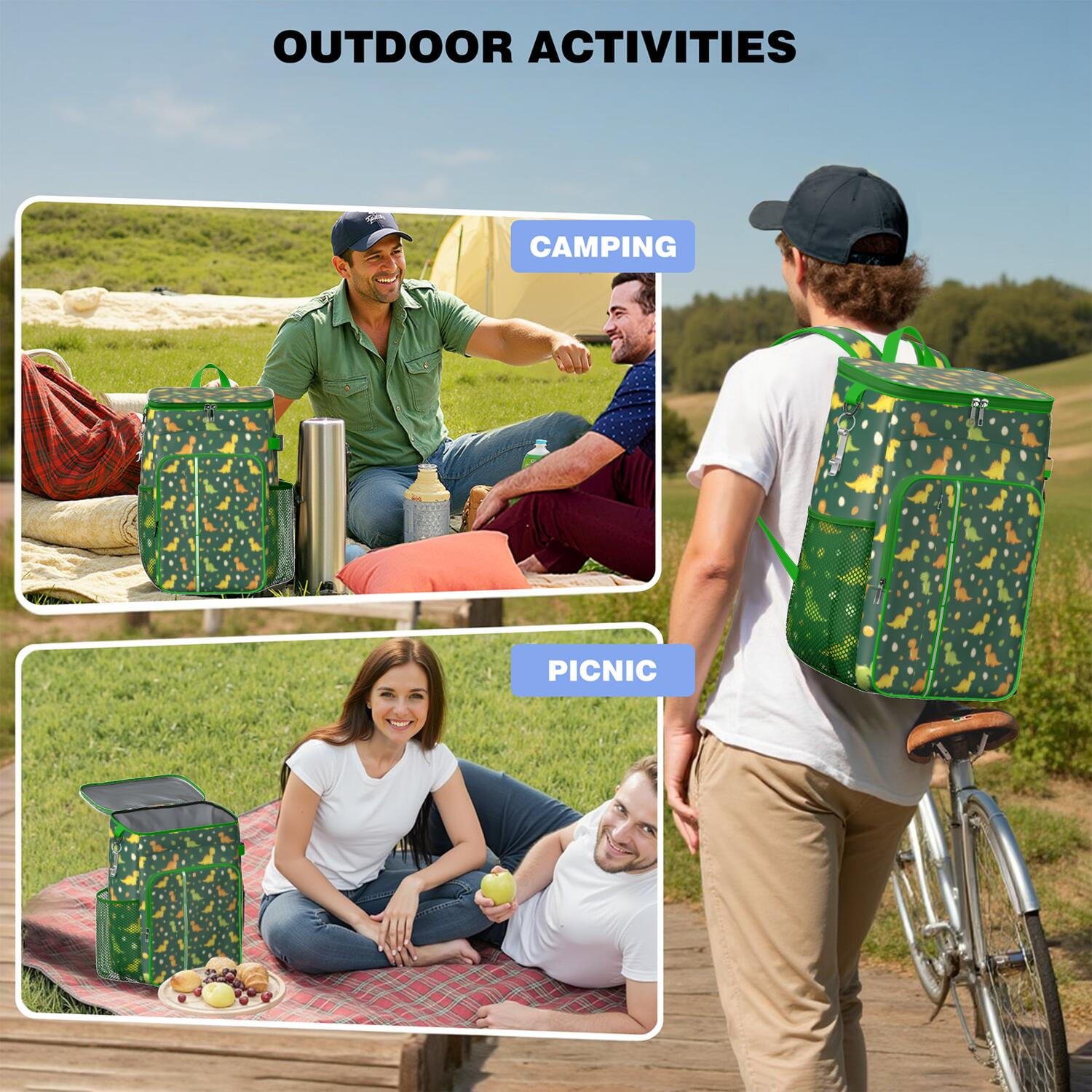 Travel Cooler Bag - Green Cartoon Dinosaurs Eggs Pattern Camping Beer Cooler Backpack with Bottle Opener- Waterproof Insulated Picnic Backpacks - Cooler Bag for Beach