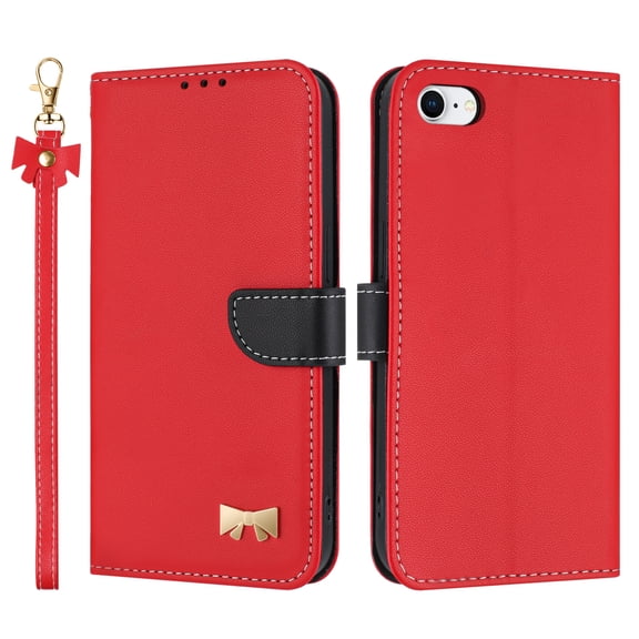 Allytechgroup Flip Wallet Case for iPhone 7 / 8 / SE 2022 & 2020, RFID Blocking PU Leather Phone Case with Credit Card Slot Shoulder Strap Wrist Strap Shockproof Back Cover for Women Girls, Red
