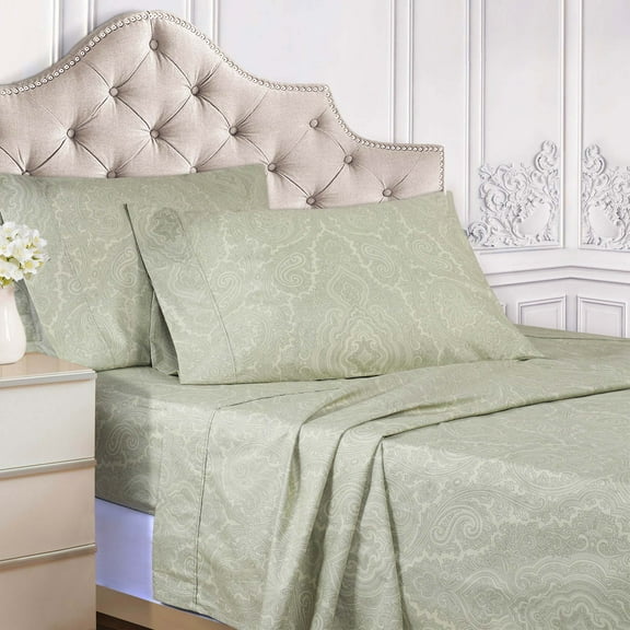 BNM Italian Paisley Cotton Blend Sheet Set, Twin, Sage