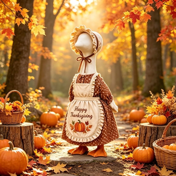 YardChic Thanksgiving Porch Goose Outfit, Fall Pumpkin Dress Costume for Lawn Goose Statue, Farmhouse Style Outdoor Ornament for Front Entryway, Yard, Patio Thanksgiving Holiday Decoration, 23 Inch