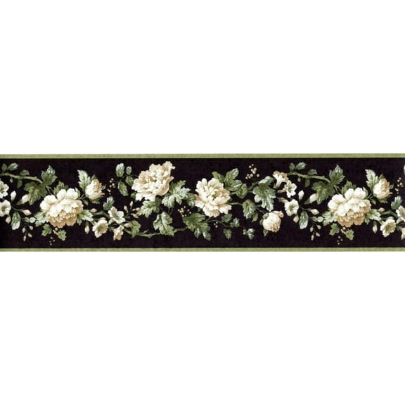 TRIMZ Flower Wallpaper Border ,Cream & White Cabbage Roses on Black, Cottage Living Room & Bedroom Decor, Pre-Pasted, 15 Ft x 4.2 in