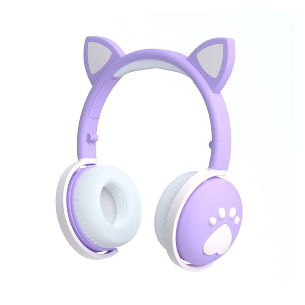 Seitruly Auriculares Bluetooth que brillan intensamente lindo LED oreja de gato pata niñas regalo niños auriculares inalámbricos estéreo HIFI bajo Cables de audio/vídeo morado claro en caja