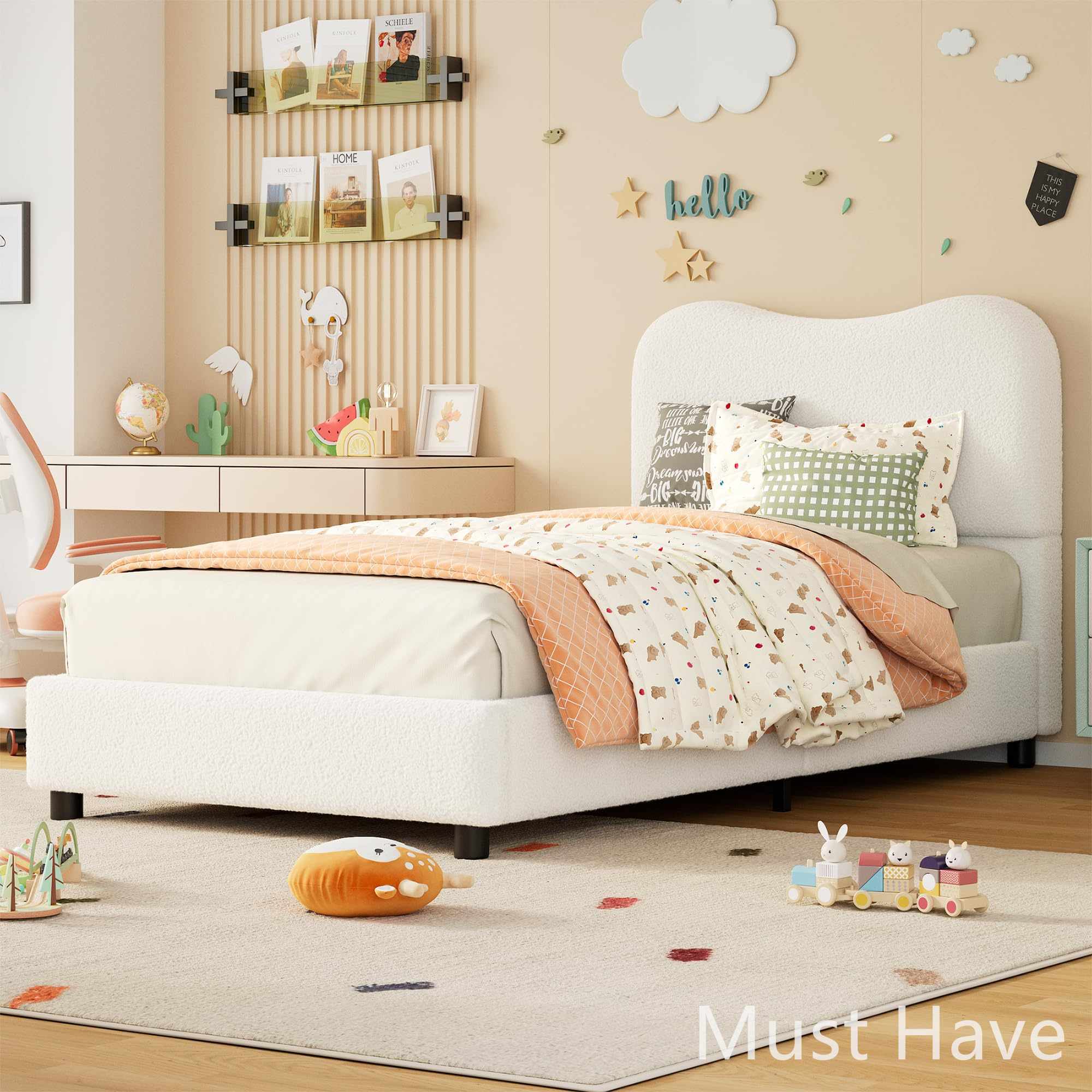 Jojoka Modern Twin Bed Frame Upholstered in Soft Boucle Fabric, Sturdy Wooden Slats, No Gap Headboard, Easy Assembly, No Box Spring Needed, Beige