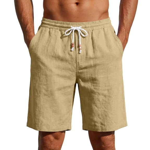 Zimjoy Linen Shorts for Men Casual Elastic Waist Bead Drawstring Bermuda Summer Cotton Beach Vacation Lounge Shorts Khaki L