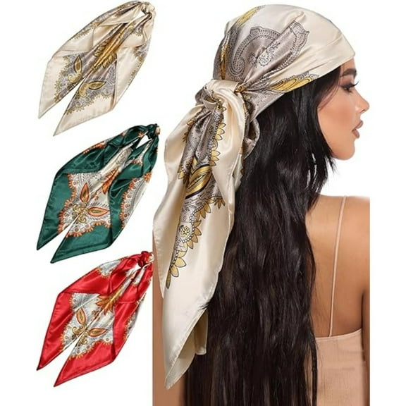 3Pcs Jumbo Satin Hair Scarves - Extra Soft & Shiny, Multi-Way Headband, Bandana and Beach Scarf for Everyday, Office and Vacation