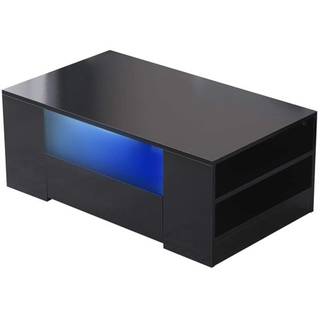 MONIPA 37” Modern Glossy White Coffee Table W/LED Lighting Coffee Table W/Drawer End Table Living Room Furniture (Black)