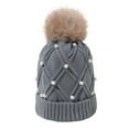 thumbnail image 2 of Womens Winter Beanie Hat Cuffed Faux Fur Pom Hat Knitted Warm Soft Cap with Faux Pearls, 2 of 7