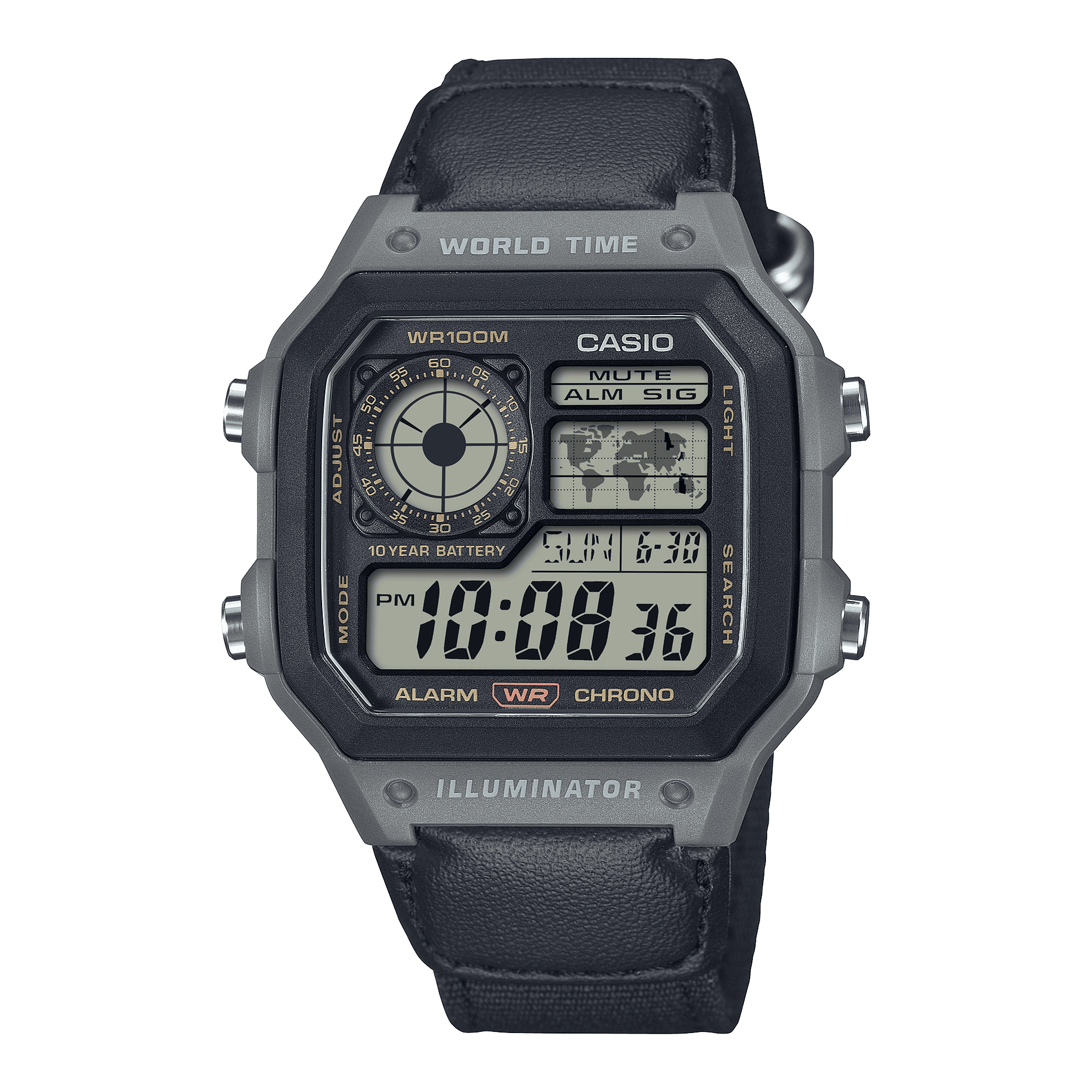 Casio Mens Digital Wristwatch Utility Collection 10-Year Battery Cloth Band Gray