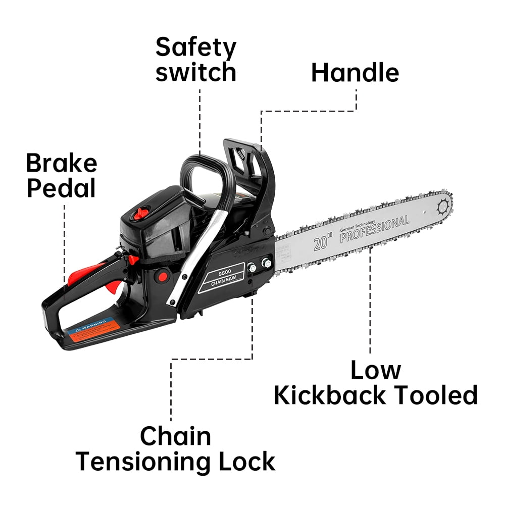 TOPTENG Gasoline Chainsaw with 20 in. Bar 62CC Engine 2-Cycle Gas Powered Chainsaw for Farm/Garden/Ranch/Firewood