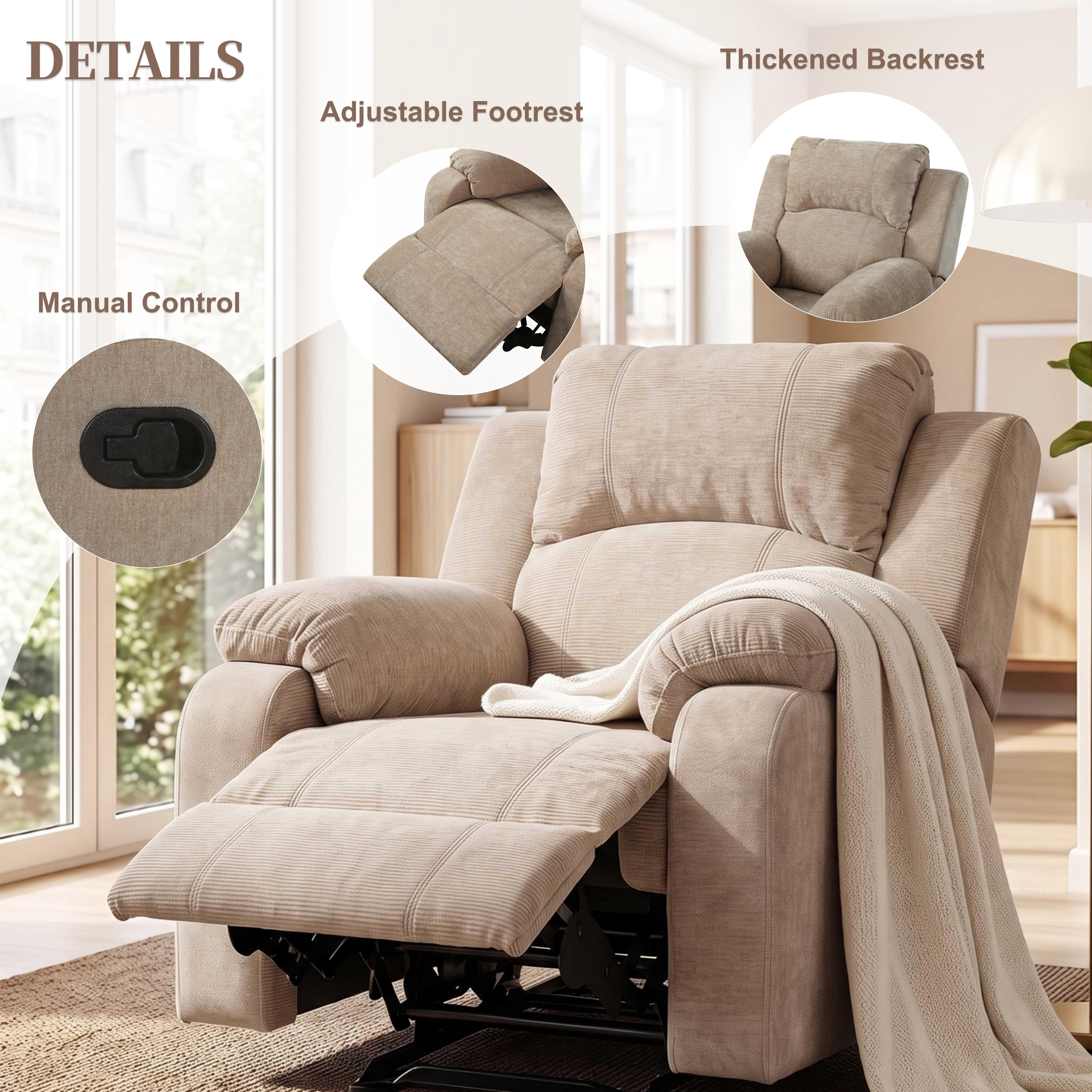 TiramisuBest Manual Recliner Chair,Chenille Upholstered Adjustable Lounge Armchair for Living Room,Oatmeal