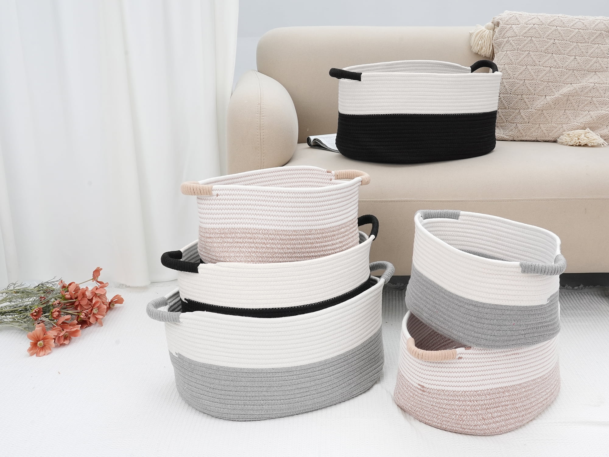 REGALWOVEN Woven Storage Basket with Handles, Shelf Closet Storage Bin White/Grey 13*9.5*7in