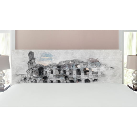Sketchy Headboard, Historical Ruins Colosseum Art Italy Rome Antique Cultural Inspiration, Upholstered Decorative Metal Bed Headboard with Memory Foam, King Size, Beige Black, by Ambesonne