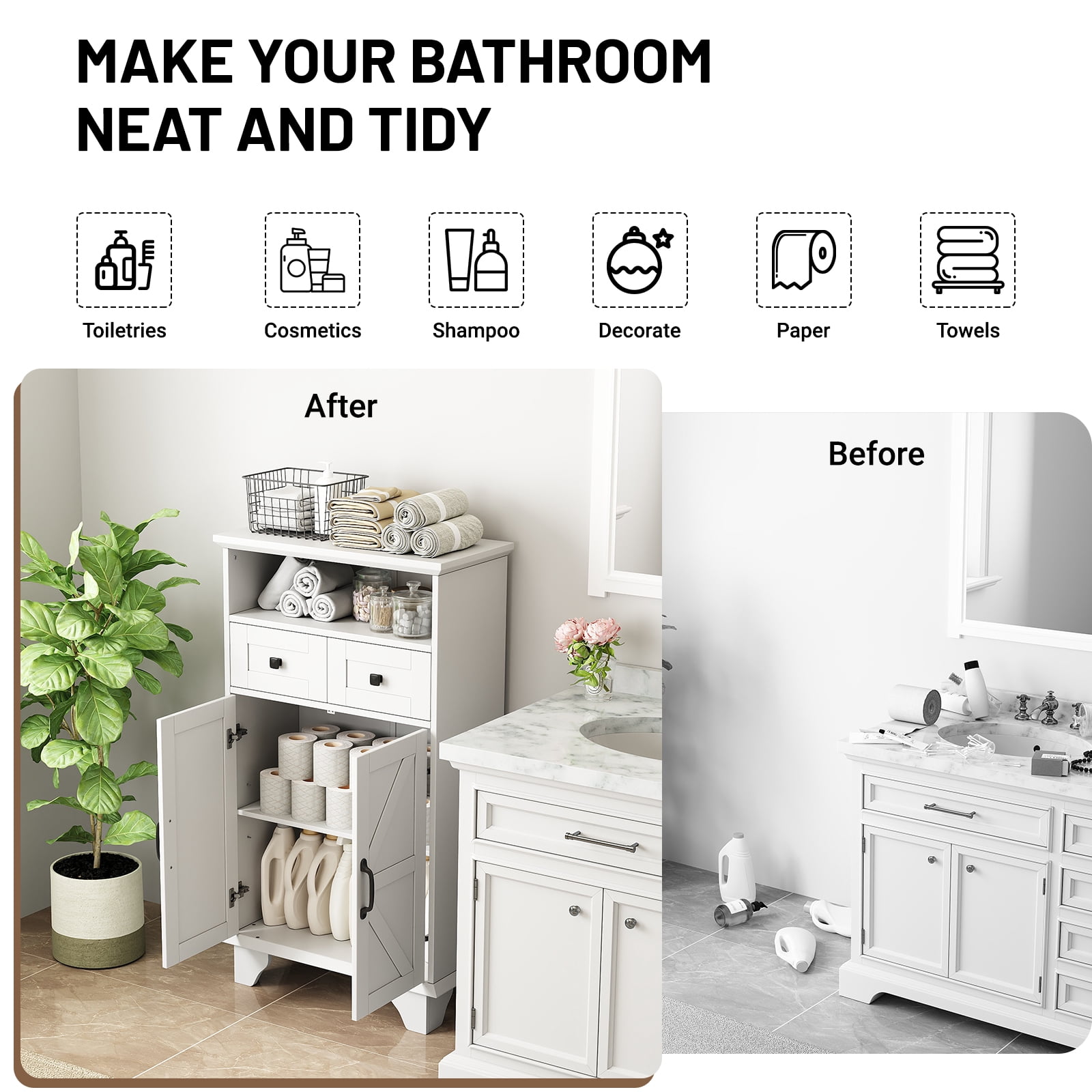 Farmhouse Bathroom Storage Cabinet, Freestanding Bathroom Floor Cabinet with Doors and Drawers, 41.3" H Bathroom Organizer with Adjustable Shelf, White